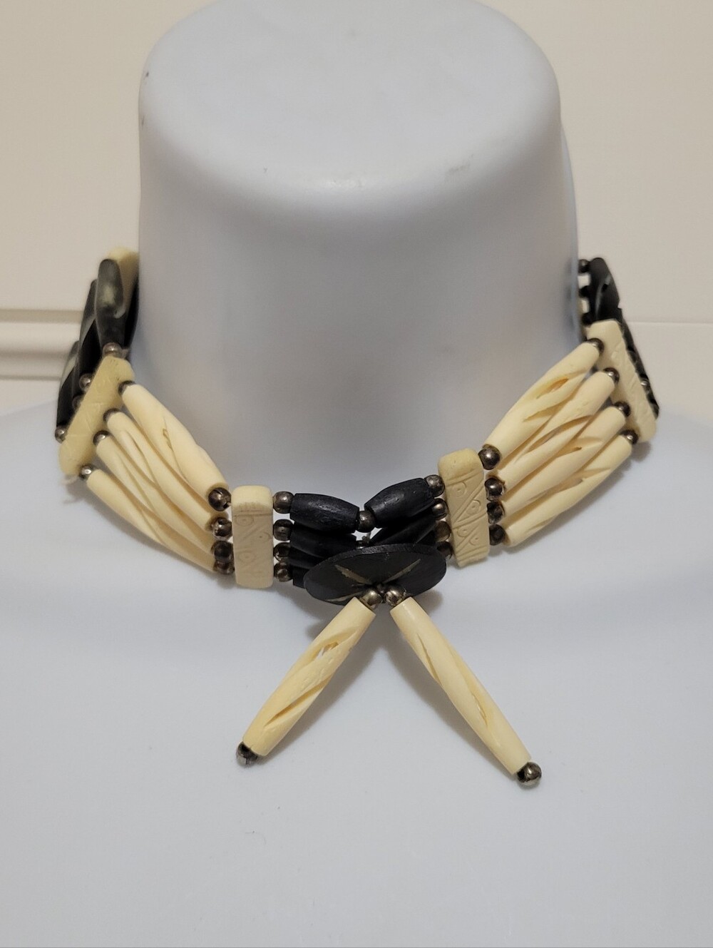 Vintage Handmade Tribal Bone Choker Necklace Native Boho metal leather